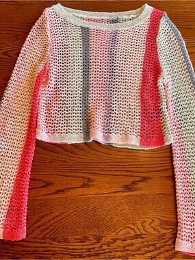 Cider Open-Knit Cropped Crew Sweater in Pink, Gray, Cream
